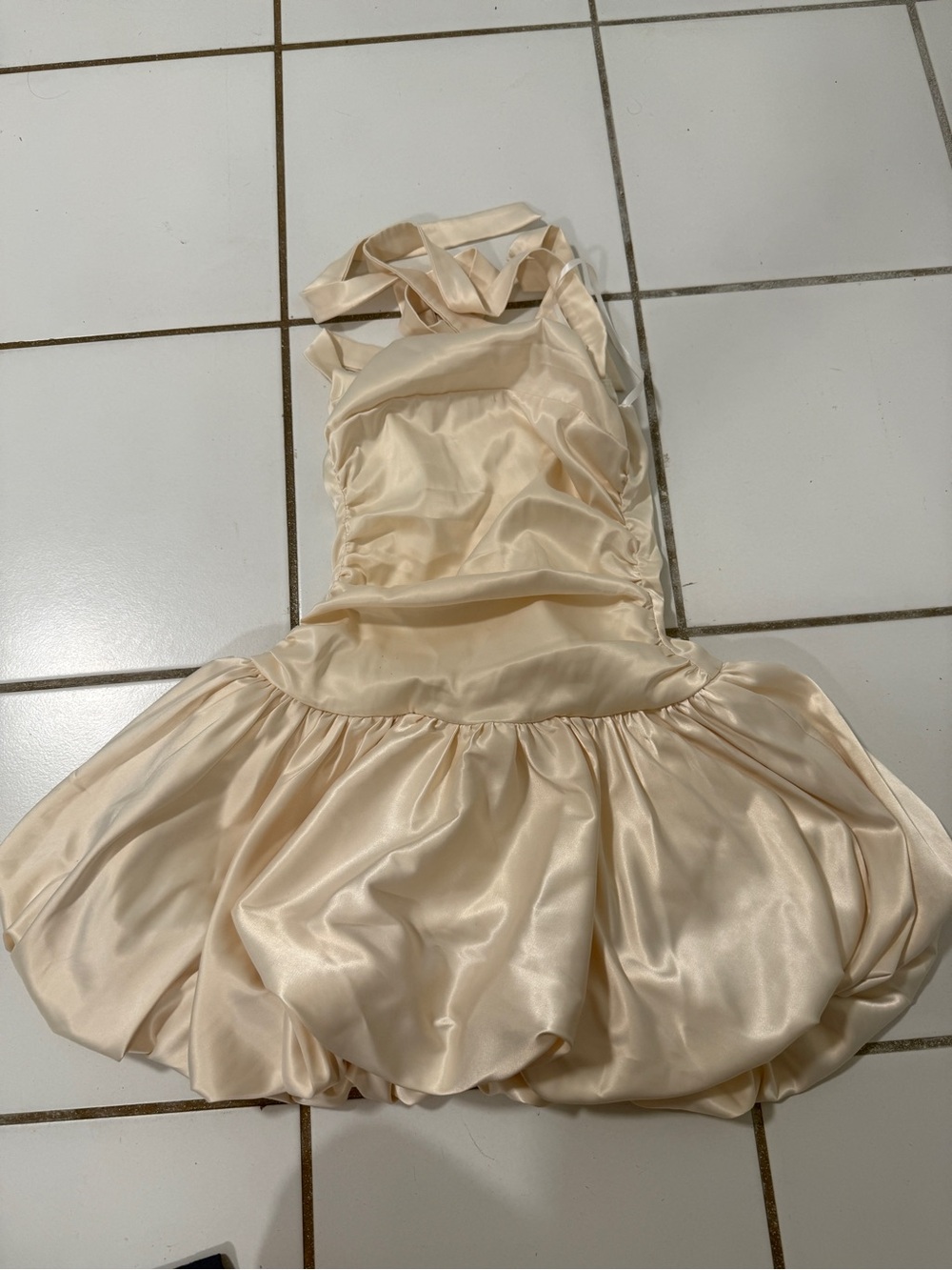 Windsor Satin Bubble Hem Mini Dress in Cream